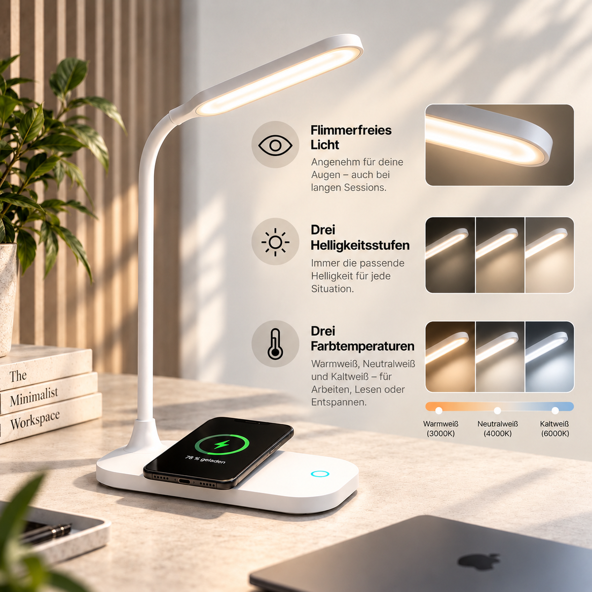 LumaCharge – 3-in-1 LED Schreibtischlampe mit Wireless Schnellladefunktion