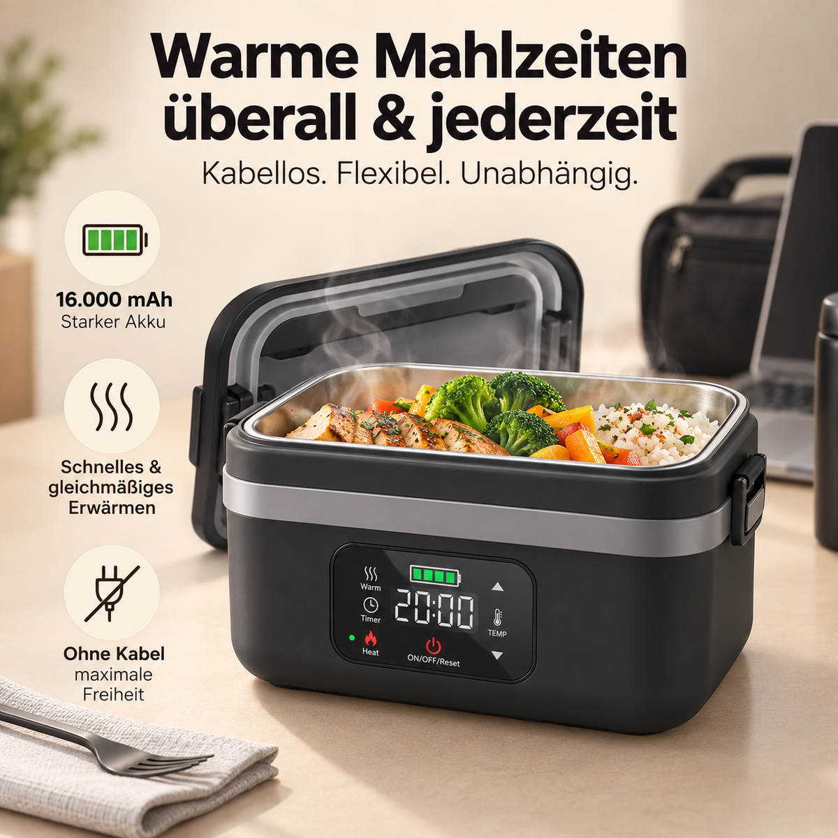 Luno – Kabellose, wiederaufladbare Lunchbox mit Selbsterwärmung